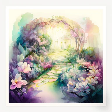 The image depicts a holographic spring flower garden with winding walking paths. watercolor clipart. soft and delicate appearance. The garden is illuminated by natural light, creating a calming and inviting atmosphere. The colors are magnificent and beautiful, with vibrant shades of pink, purple, and blue blending together seamlessly. The composition shows a wide view of the garden, with a variety of holographic flowers in bloom and rabbits hopping around. It's a stunning and ethereal scene that