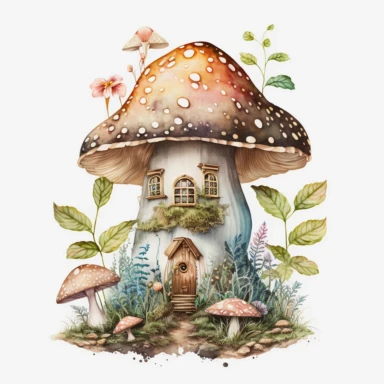 bright realistic Magical Mushroom House, watercolor colors clipart style, on white background, 32k, full high definition, ultra clear image, ultra fine lines, hyper-realistic detail, whole imagine with thick black outline