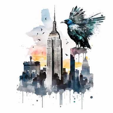 watercolor clipart of the Empire State Building with a New York City skyline background, featuring clouds and birds
