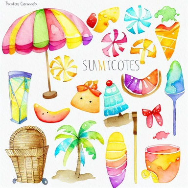 Please create a series of watercolor clipart illustrations featuring different items related to summer. Each illustration should be drawn in a charming and playful style that captures the beauty and vibrancy of the season. Items to include can be beach umbrellas, flip flops, sunglasses, ice cream cones, sandcastles, and seashells. Please use a coherent color palette that is bright, cheerful, and evokes the feeling of warmth and sunshine. Colors that are associated with summer, such as yellows, o