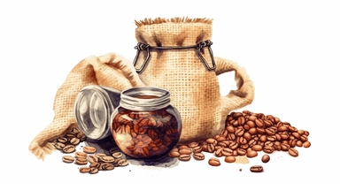 clipart, watercolor, Coffee beans spilling out of a bag or jar, soft tones, food art, clipart, clear border, hd, on white background,