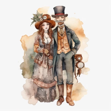 steampunk married couple watercolour, clipart