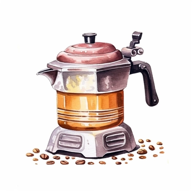 watercolor painting of moka coffee, very detailed, Clipart ,Cartoon,hyper realistic, intricate detail, illustration style,high solution,on the white background