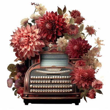 an enchanted old and used 1900 cash register profil view, enchanted collector's item surrounded by an arrangement of a number of dramatic extravagant saturated digital burgundy 3D dahlias, in the style of large-scale photography, lush detailing, watercolor style, steam style, playfully intricate, made of flowers, bloomcore, clipart, transparent png background