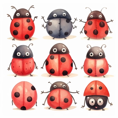 very simple watercolour childrens book style drawing of different individual isolated cute kawaii ladybugs, soft on white background for clipart, 8k