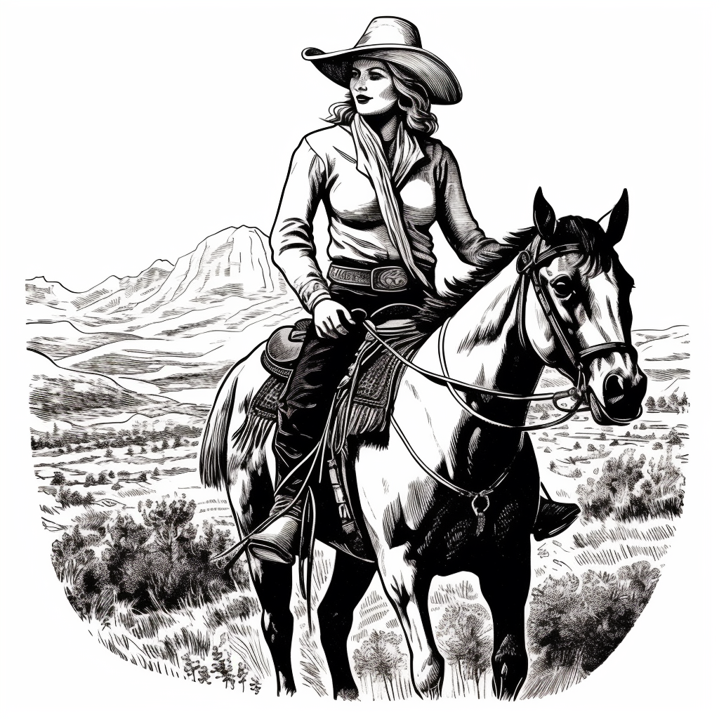 Draw a vintage cowgirl clip art illustration featuring a cowgirl