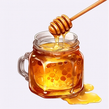 A jar of golden honey with a honey dipper placed delicately on the side, showcasing the richness of the honey. (Digital drawing clipart, image black border color, full body, flat texture, transparent background)