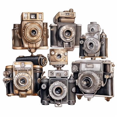 Clipart, digital painting, detailed, realistic. Neutral colors. Old Cameras,