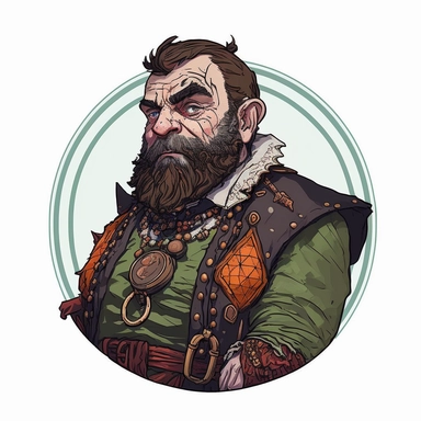elderly dwarf wealthy merchant guild master, Dungeons & Dragons, handpainted punk zine fashion poster, clipart illustration, circle white background, circle border