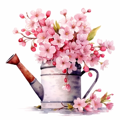 realistic high detailed watercolor provencal watering can with sakura bouquet inside clipart, white background