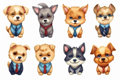 9 sets of a cute baby puppies Munchkin, smile,round face,round head,Wearing a tie,different poses,different breeds, clipart, isolated on white background, spaced out,