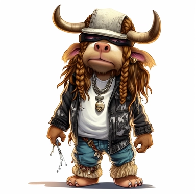 highly detailed clipart of a furry baby long haired breed cow calf like person standing up wearing a baseball cap and dressed in 2000's style hip hop rapper fashion and sneakers and jewelry. child like looking furry long haired breed of cow. Nelly the rapper style.