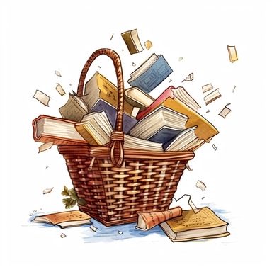 books falling out of a picknick basket, in cottagecore style. clipart. white background