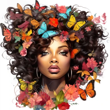 Beautiful black woman beautiful hair lips and eyes long eyelashes, colorful butterflies in hair as clipart on white background