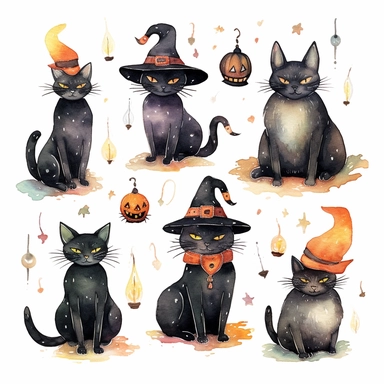 Watercolor clip art on white background, Black cats wearing witch hats collection, various sizes, including moons, stars, and other mystic items, arranged artistically on a clean white background, focus on intricate details and textures of the cats, displaying unique patterns and colors, soft shadows cast on the background, high-resolution image with vibrant and true-to-life colors, perfect for print or digital use –ar 10:10 –q 5 –v 4 –q 2 –upbeta