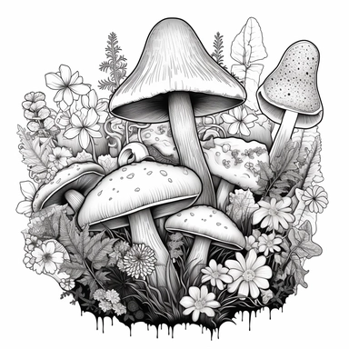 black and white clipart for coloring books, separate with white space around each element, suitable for an enchanted forest, such as mushrooms, butterflies,frogs,flowers,ivy and sprites