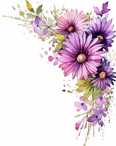 detailed watercolor mulberry purple daisy corner border , isolated on white background, realistic, clipart