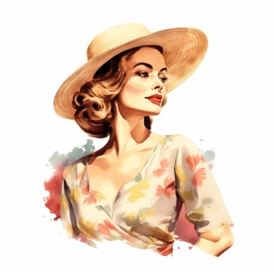 vintage woman colorful illustration old fashioned summer , Hand drawn , watercolor style,clipart,no shadow,single design, print on demand image, PNG transparent ,white background for removing background - - no text shadow font watermark