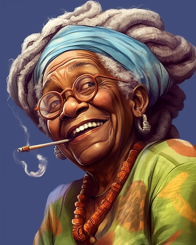 laughing funny Comic Book style Sassy hip African American Boho chic Grandma with long rope style dreadlocks puff puff pass Smoking a cuban cigar with smoke on the end tip of cigar clipart