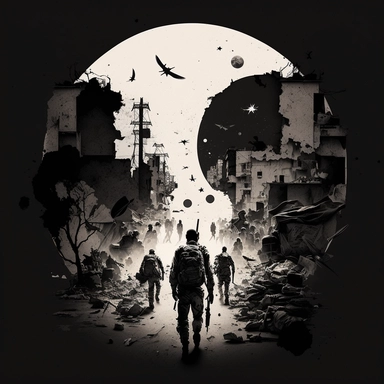 Creative graphic design, design, WW2, A group of soldiers with an M4 weapon, upper drone view, a tired faces, Walking in an open area in the middle of a refugee camp, lots of pipe bombs scattered in the area, full moon black and white, wrecked streets, dead body, explosions in the background, a war zone, scattered, on a refugee camp, war, dead people, dark sky, no hope, sepia colors, black and white, dark, deep pain, people in tremendous suffering, EPIC, Dark collage, clipart, graphic, illustrat