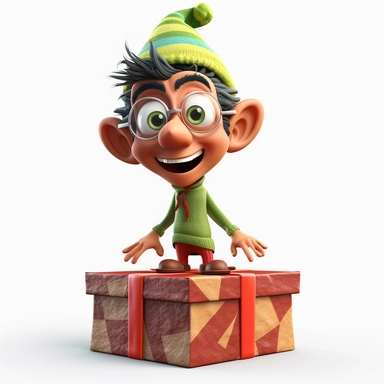 clipart of a crazy asian christmas elf standing on a christmas present, there is a funny face on it, cartoon, for kids, funny, pixar, 8k, white background, sharp focus, detailed,