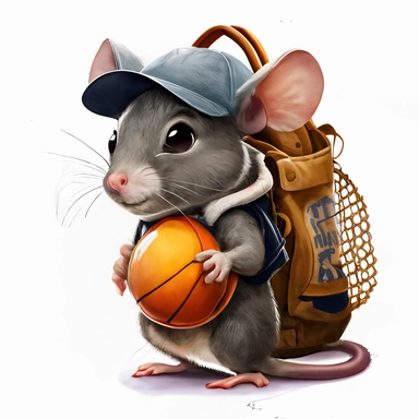 gray mouse with cap wearing backpack and holding a basket ball, boring mine, white background, clipart