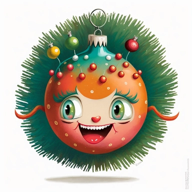 fun vintage character christmas tree bauble , bright colours, gouache, clipart, white background