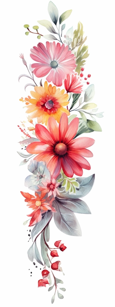 watercolor christmas flower border, clipart isolated on clear white background, bright colors, boho, lithograph, 32k uhd, textural
