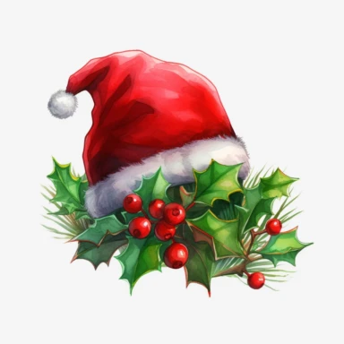 red santa claus hat and small Holly Berries Plant Isolate on Hat lateral view, clipart, transparent background, clear background, green leaves, high resolution, watercolor, vector, 12k, 300 dpi