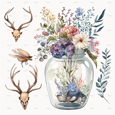 watercolor summer flowers clipart floral bouquet in glass aquarium, deer skull, insects, white background, no text