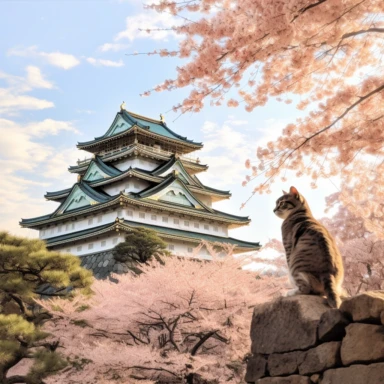 cherry blossoms laden on Osaka Castle Bottom, Siamese Cat wearing a Japanese kimono, sunset. Clipart Watercolor By Yuzo Komori. clean line, white background & space around. Bottom view
