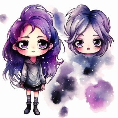 watercolor funny create kawaii marbled black ,silver, purple chibi school spirit clipart, isolated on white background,space out--ar3:2--s1000