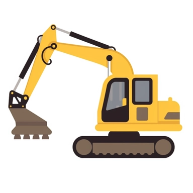 a yellow colored excavator clipart, flat vector style for kids, isolated on a white background, in the style of simplified shapes, minimal colors, maximum of 5 colors, cut-out silhouettes,