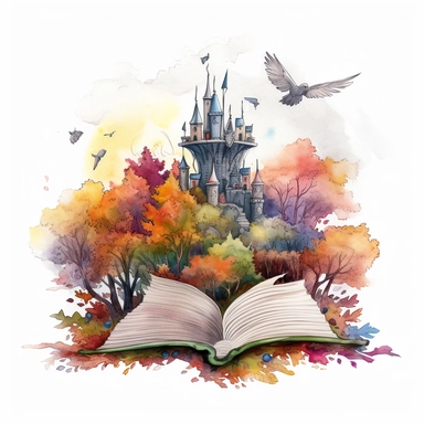 Watercolor Fantasy open Books Clipart with fantasy castlle, birds, trees, forest, clouds, rambo and very detalied, gotic vibe, the perspective is from a road from forest mistic look, magic colorful admosfere, hight quality white background