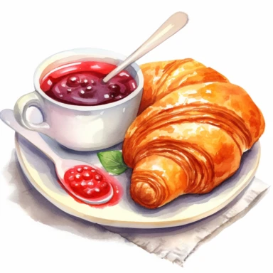 clipart crispy french croissants with some butter, strawberry jam and a cup of coffee
