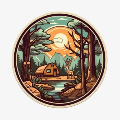 Sticker logo, featuring trees, lush foliage, and woodland creatures like deer or squirrels, capturing the essence of camping in nature, on transparent background free clipart, in the style of digital painting and drawing, 2d game art, scoutcore, anime-influenced, cabincore, high resolution, light sky-blue and dark maroon