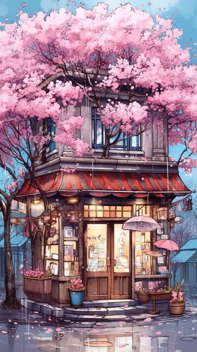 Very very cute and Whimsical quirky Jazzy coffee shop, building corner, cherry tree blossom, Raining colorful, Watercolored illustration in the style of Michael Powell, clipart, city vibe background - 8K