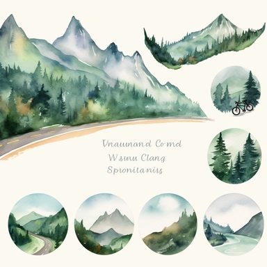 Hand-painted watercolor clipart set on white background featuring the breathtaking scenery of a road trip through the mountains to the city. This set captures the awe-inspiring beauty of mountainous landscapes with a winding cycling path nestled amidst towering peaks, lush forests, and cascading waterfalls. The color palette reflects the natural tones of the mountains, including shades of greens, blues, and earthy hues. Created with meticulous brushstrokes, inviting you to embark on an adventuro