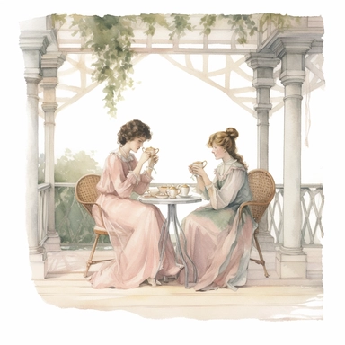 watercolor, hyper realistic, white background, white margins, 16k, ultra detailed clipart, cut out image, hand-drawn two pretty Victorian girls enjoying tea in a charming garden pavilion, complete with draped curtains, floral arrangements, and dainty tea cups. soft pastels and muted tones, such as dusty rose, antique ivory, sage green, and subtle gold accents
