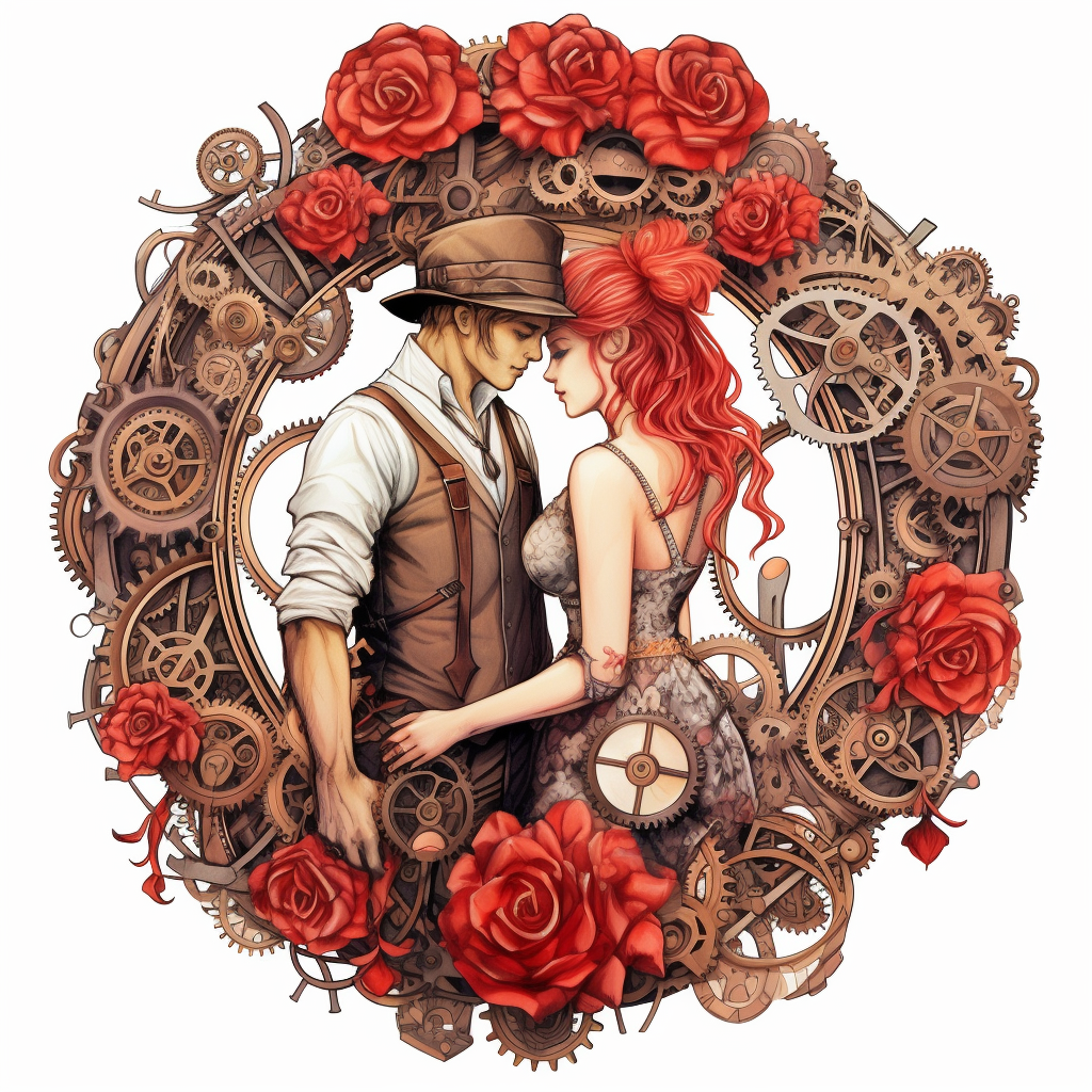 Steampunk Lovers Embracing In A Garden Adorned With Vibrant Red Roses 