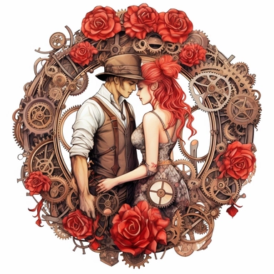 Steampunk lovers embracing in a garden adorned with vibrant red roses and intricately designed gears, symbolizing the blending of nature and machinery in their love. The gears feature brass and copper accents, showcasing the intricate craftsmanship of the steampunk aesthetic. The couple's attire incorporates gear motifs and cog embellishments, reflecting their affinity for the steampunk style. The pastel colors add a soft and romantic touch to the scene. Hyper-realistic, retro-futurism, pastel c