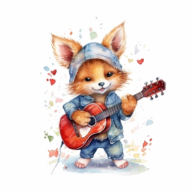 hand drawn, watercolor, water splash, cute baby fox wearing a red jacket, wearing a denim jeans, holding a guitar, fairy tale atmosphere, cute, lively, cartoon style, clipart,hd, on white background