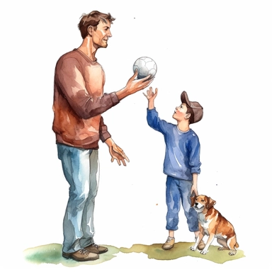 A father and son playing catch with a baseball or football, Watercolor, Clipart, transparent background PNG