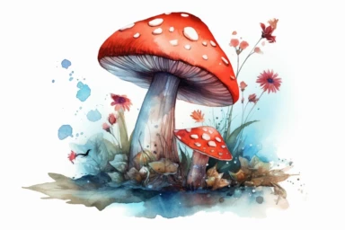 watercolor red toadstool mushroom clipart, surrounded by pale blue and red flowers, a ladybird climbing up the mushroom leg, fairy fantasy, on watercolor stain, hd, isolated on white background, spaced out