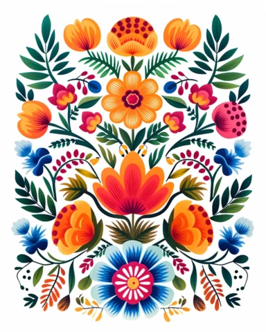 Mexican folk art clip art ,central focal point with symmetrical elements around it, flowers, roses, leaves, hand painted style, illustrative, gradation of color, presented on a clean white background,
