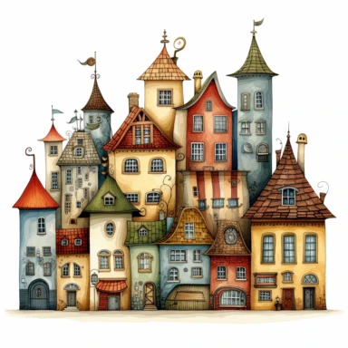 clipart houses, in the style of colin thompson, on white background