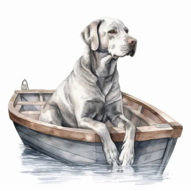 Hand drawn silver Labrador, on a boat, very detailed and realistic, watercolor, white background with margins, clipart style