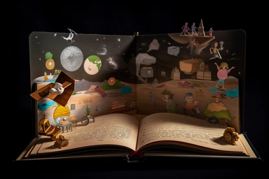 a open hard cover book of adventures on a wooden desk, with the clipart pictures of the stories inside hovering above it, against a black background,