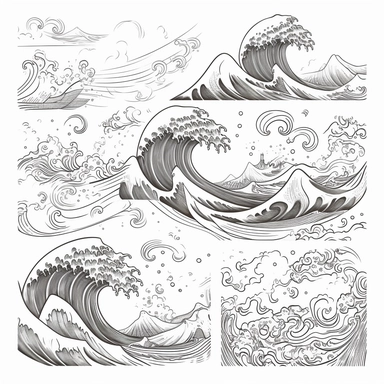 Ocean Storm Waves Collection Drawn In Line Art Style. Tsunami. Vector Marine Elements Isolated On White Background. Coloring Book Page Design Royalty Free SVG, Cliparts, Vectors, And Stock Illustration.