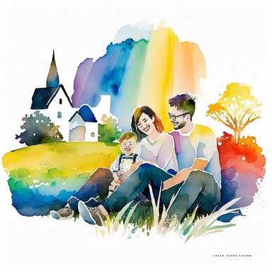 watercolor clipart, minimalist, isolated with white background, Happy Asian family mom, and dad smiling , and a child laughing sitting on the grass , primary color is yellow, blue and red, bright atmosphere, flat illustration, story telling, James jean, simple lines ,high resolution paper-cut styles , church with a cross on top backgrounds